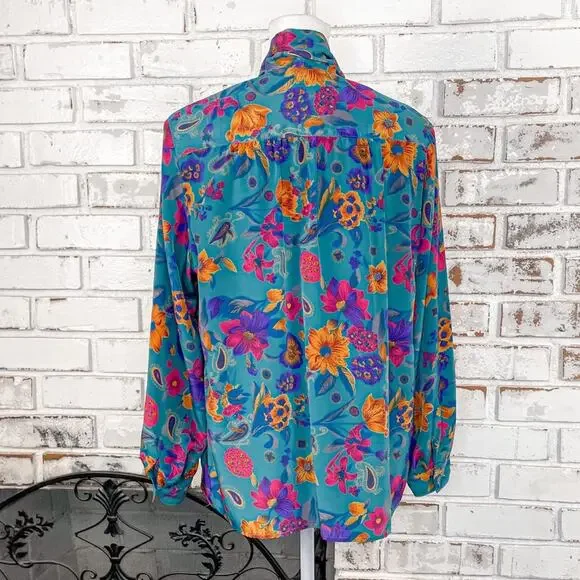 Vintage 80s Alfred Dunner Teal Pink Orange Floral Tie Neck Button Down Top 14 - Picture 8 of 9